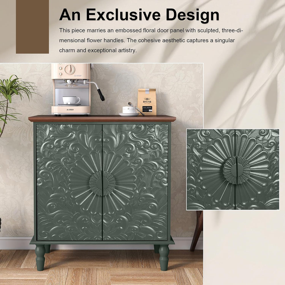 Accent Cabinet with 2 Embossed Flowers Doors for Living Room