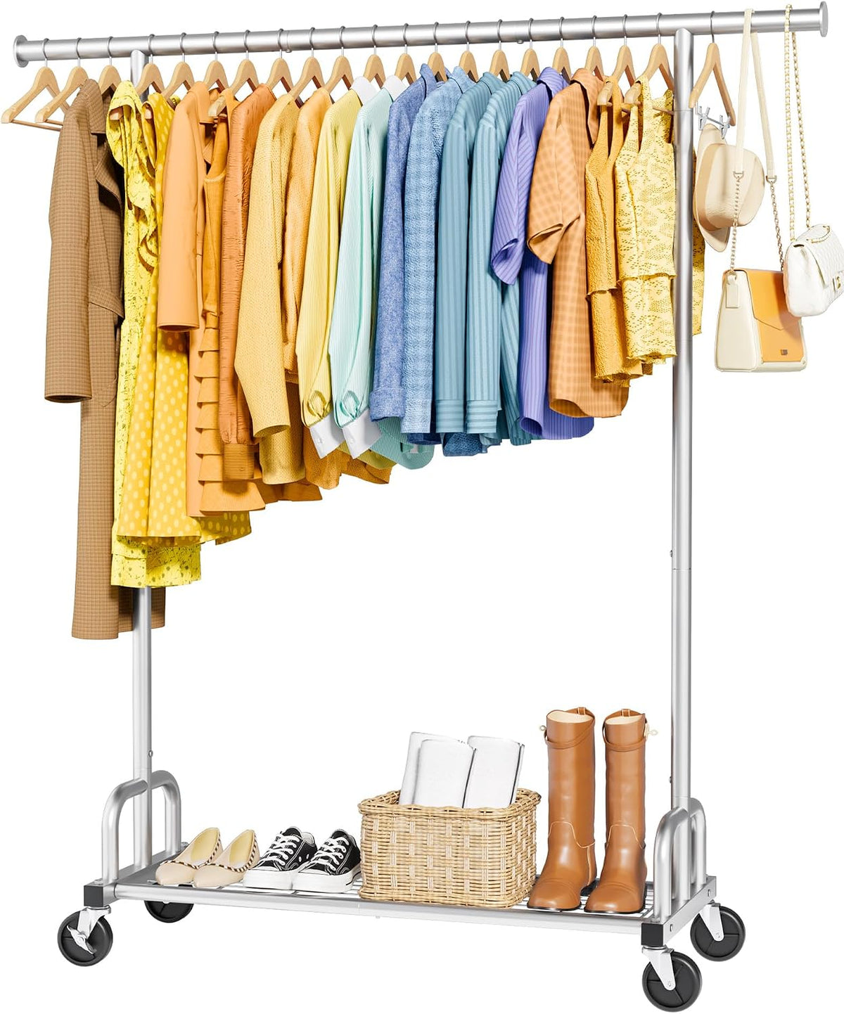 Sakugi Clothes Rack - Large-Capacity Clothing Racks for Hanging Clothes with Lockable Wheels, Space-Saving Metal Coat Rack for Bedroom, Laundry Room, Entryway, 45.6" x 16.9" x 59", Silver