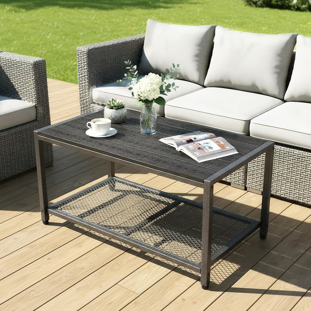 VINGLI Outdoor Coffee Table with Double-Layer Storage, Rectangle Weather-Resi...