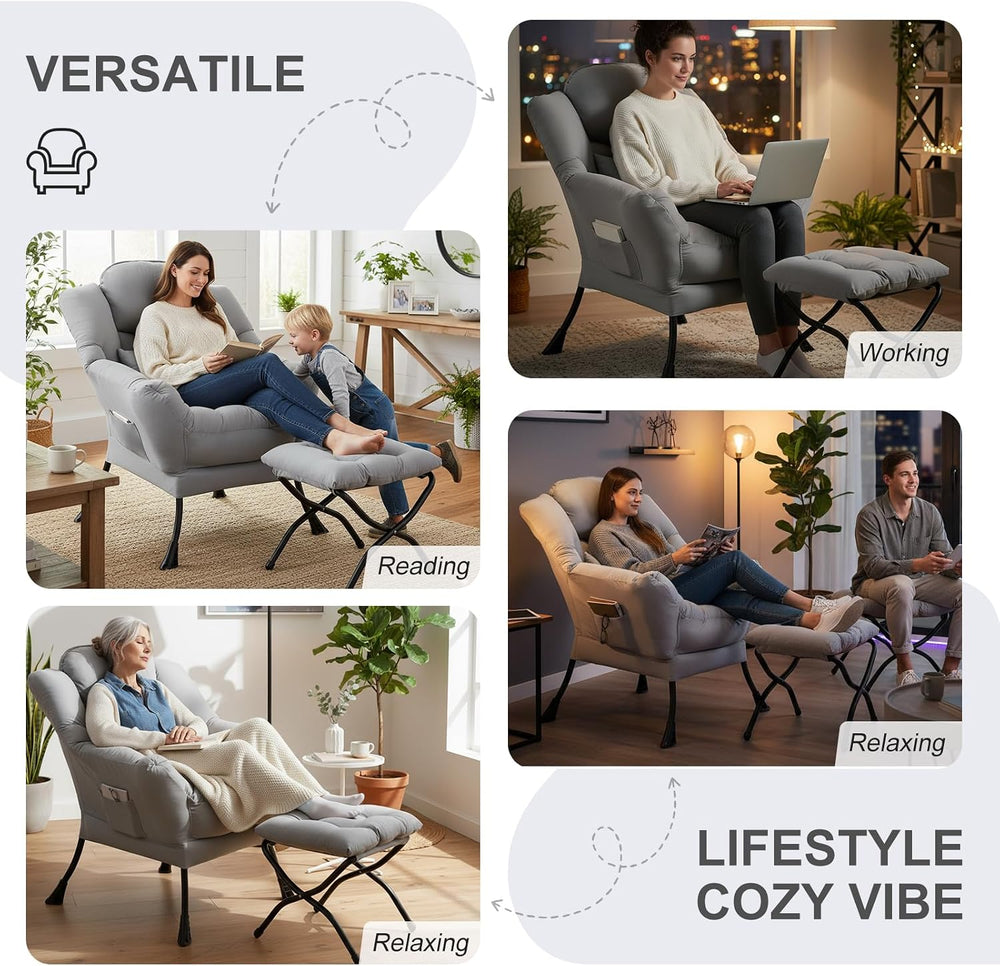 Furlide Lazy Chair with Ottoman, Modern Lounge Chair with Lumbar Pillow, Acce...