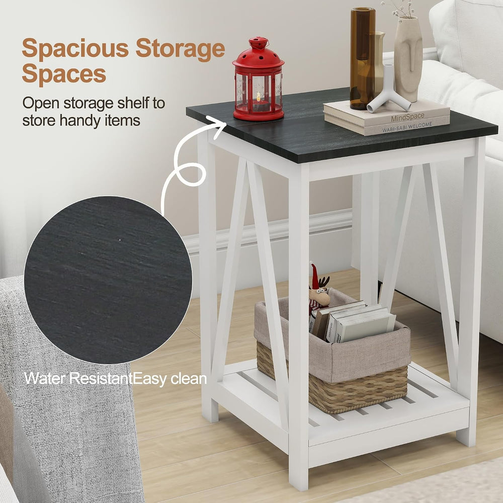 End Table, Farmhouse Square Side Table with Slat Shelf, 15.7" Black Top