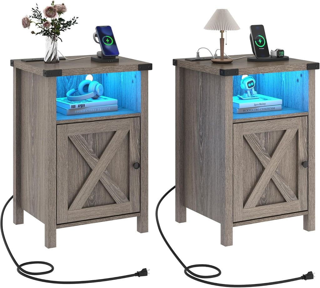Hlivelood Farmhouse LED Nightstand Set of 2 with Charging Station, Rustic End Table with Barn Door & Storage Shelf, Bedside Table for Bedroom, Living Room, Grey