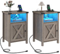 Hlivelood Farmhouse LED Nightstand Set of 2 with Charging Station, Rustic End Table with Barn Door & Storage Shelf, Bedside Table for Bedroom, Living Room, Grey