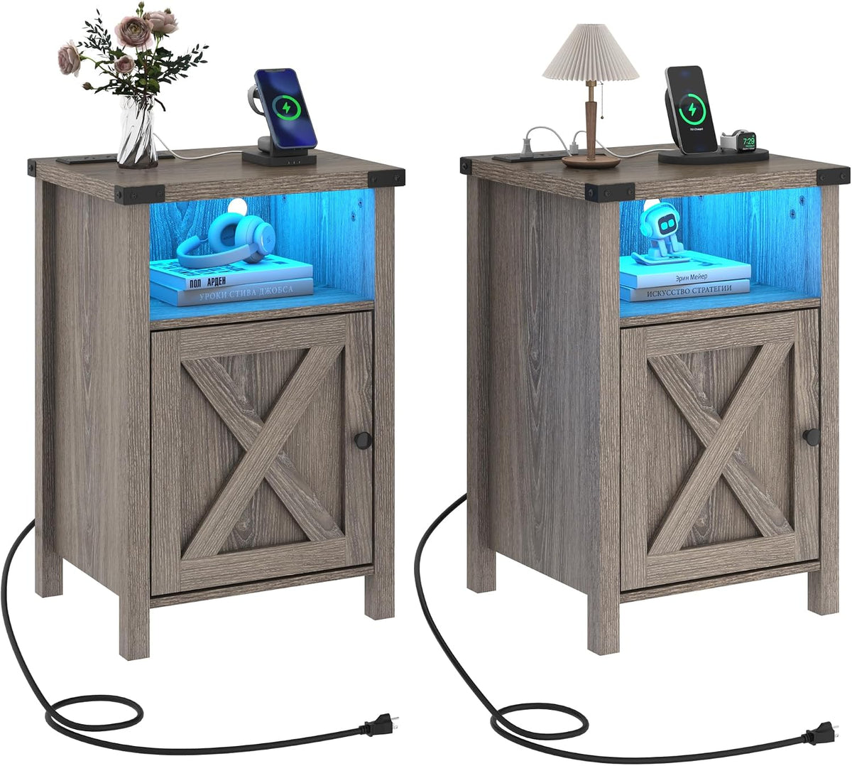 Hlivelood Farmhouse LED Nightstand Set of 2 with Charging Station, Rustic End Table with Barn Door & Storage Shelf, Bedside Table for Bedroom, Living Room, Grey