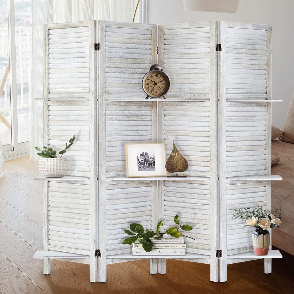 Room Divider with Shelves,4 Panel Distressed White
