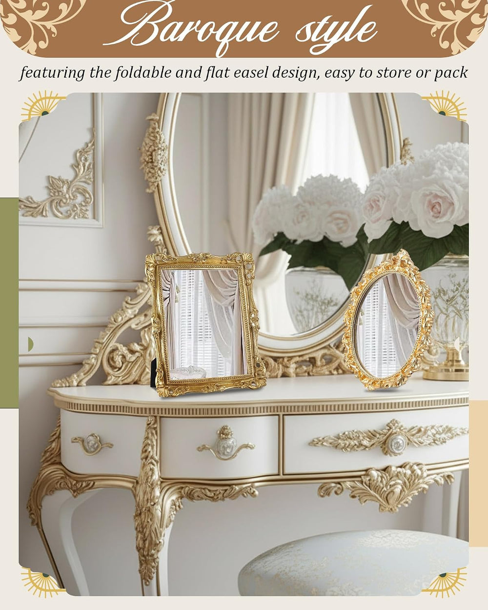 Wonderjune 3 Pcs Vintage Gold Wall Mirror Set, Retro Mixed Style