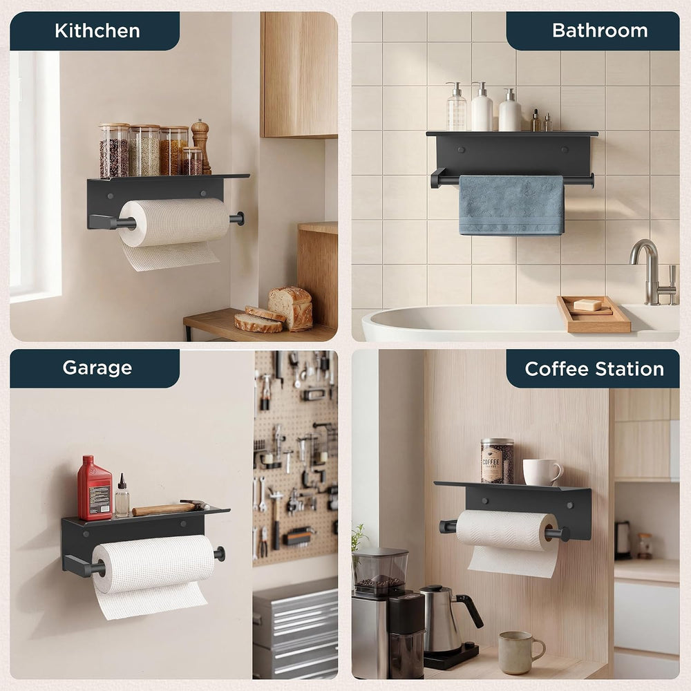 FORIOUS Wall Mount Paper Towel Holder with Shelf for Kitchen, Matte Black
