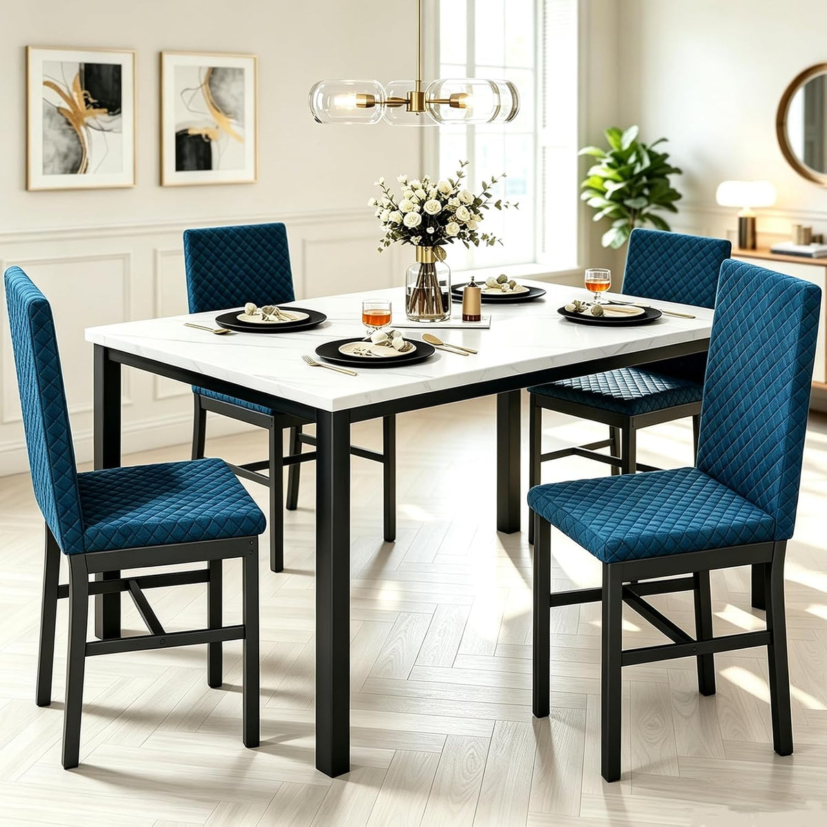 Recaceik Dining Table Set for 4, Modern 5 Piece Dining Table Set Faux Marble Kitchen Table & 4 Velvet Upholstered Chairs, Dining Room Set for Small Space