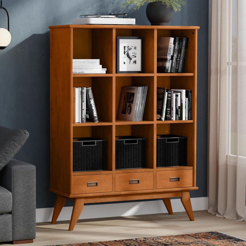 SIMPLIHOME Draper 58" Tall Solid Wood 9-Cube Bookcase in Teak Brown
