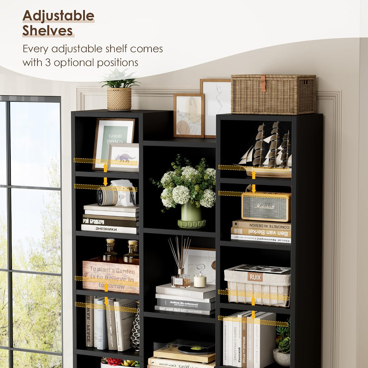 FOTOSOK 71'' H Black Bookshelf with 21 Cubes, Triple Wide Tall Bookshelf