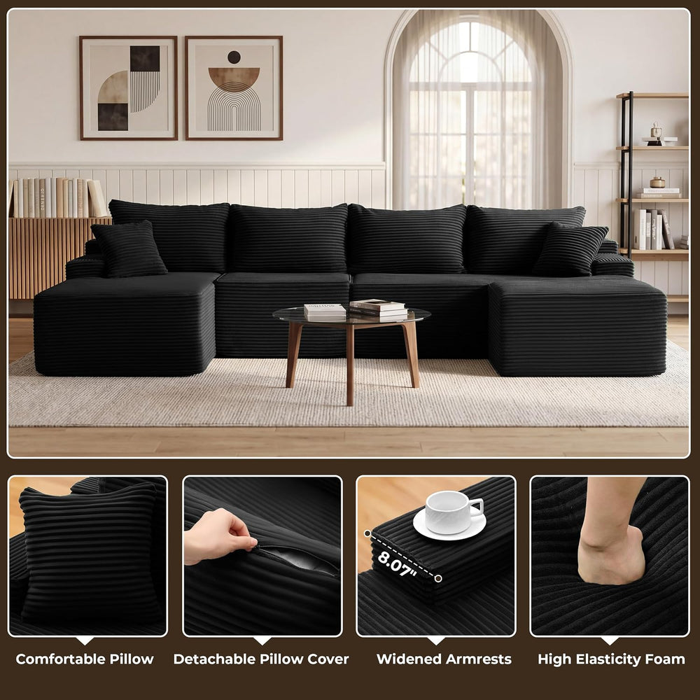 Mangodan 118'' Boneless Couch, U Shaped Couches for Living Room, Black