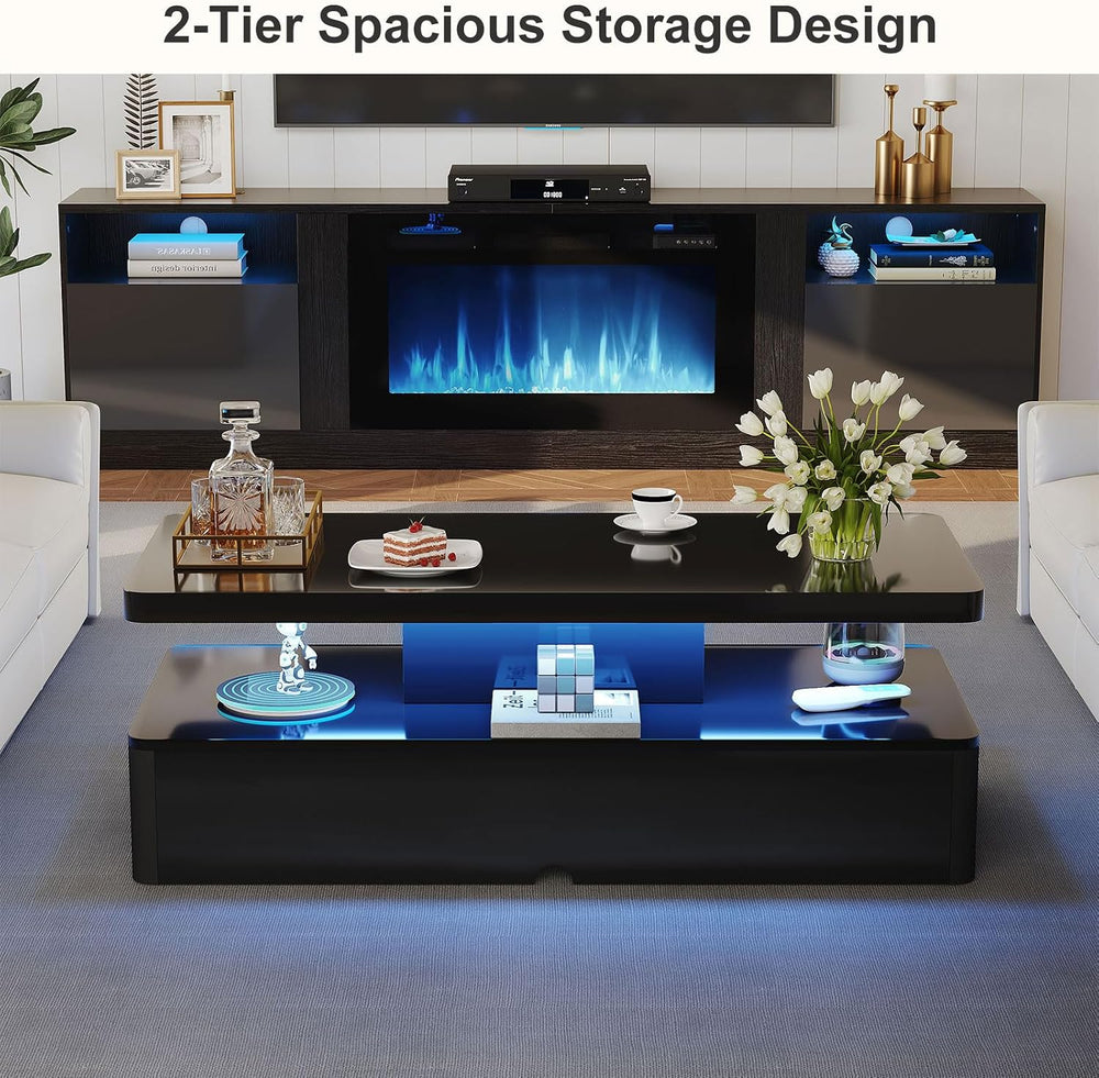 MXV 40" Modern Coffee Table with 16 Color LED Lights, 2 Tier Rectangular...