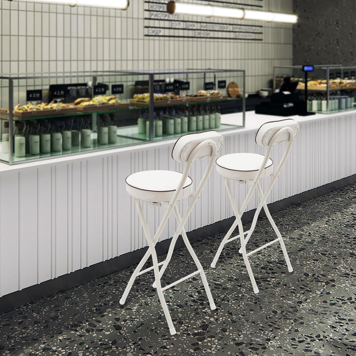 2PCS Folding Bar Stool with Backrest, Tall Foldable Stool Seat Padded Portable Stools Counter Height Foldable Stools Chairs Collapsible Stool for Adults Kitchen Island Cafe Dining Room