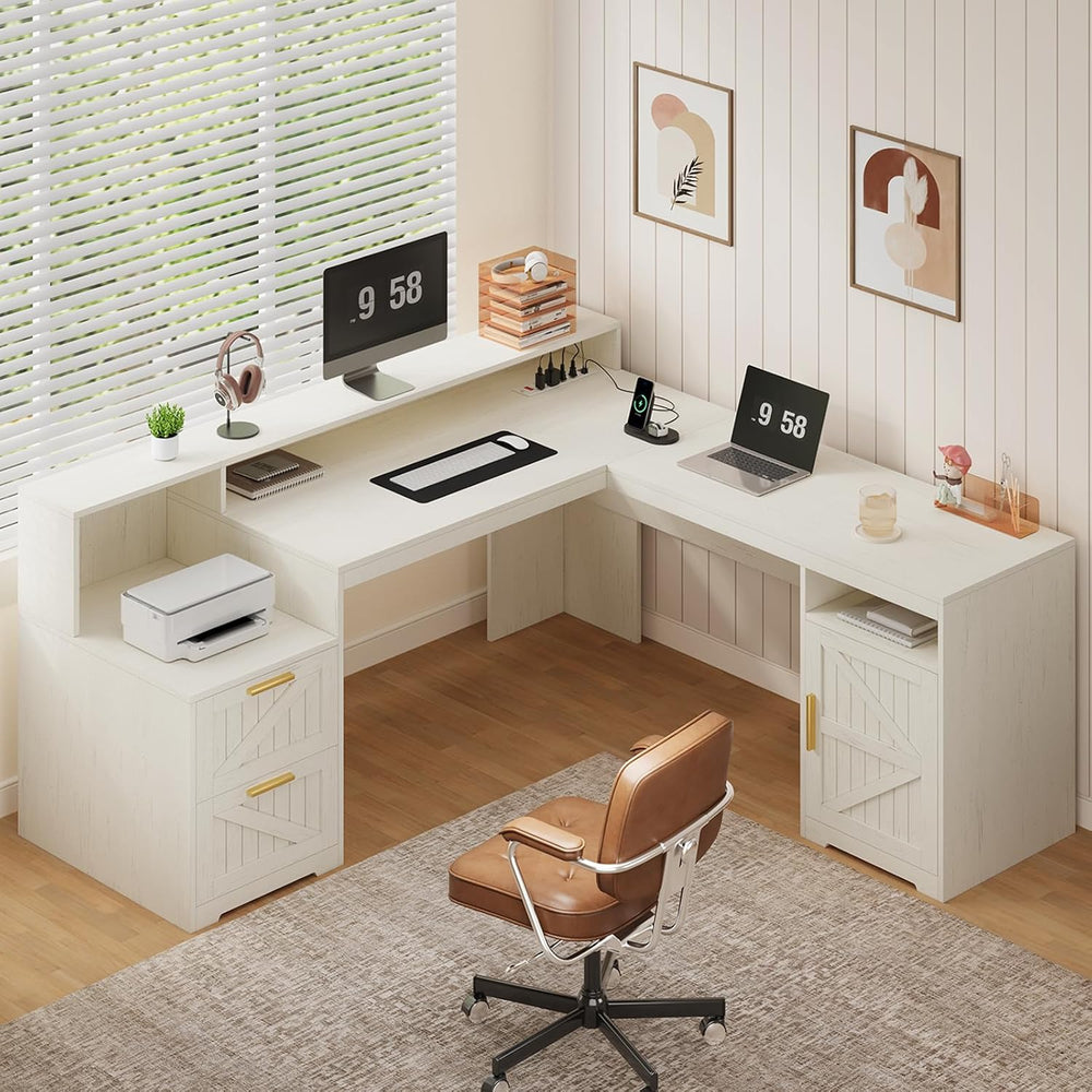 63" Farmhouse L Shaped Desk with Drawers & Printer Shelf for Home Of...
