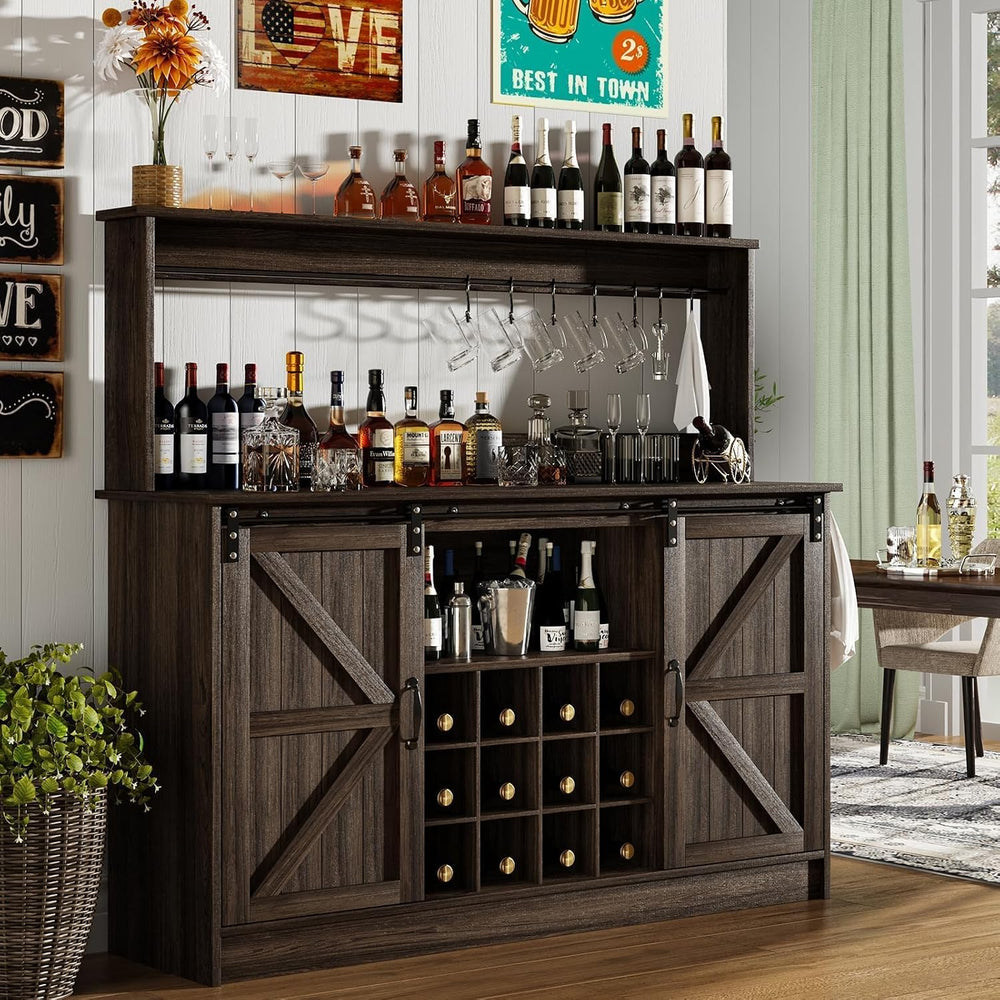 4ever2buy 55" Farmhouse Coffee Bar Cabinet with Storage Hutch, Oak