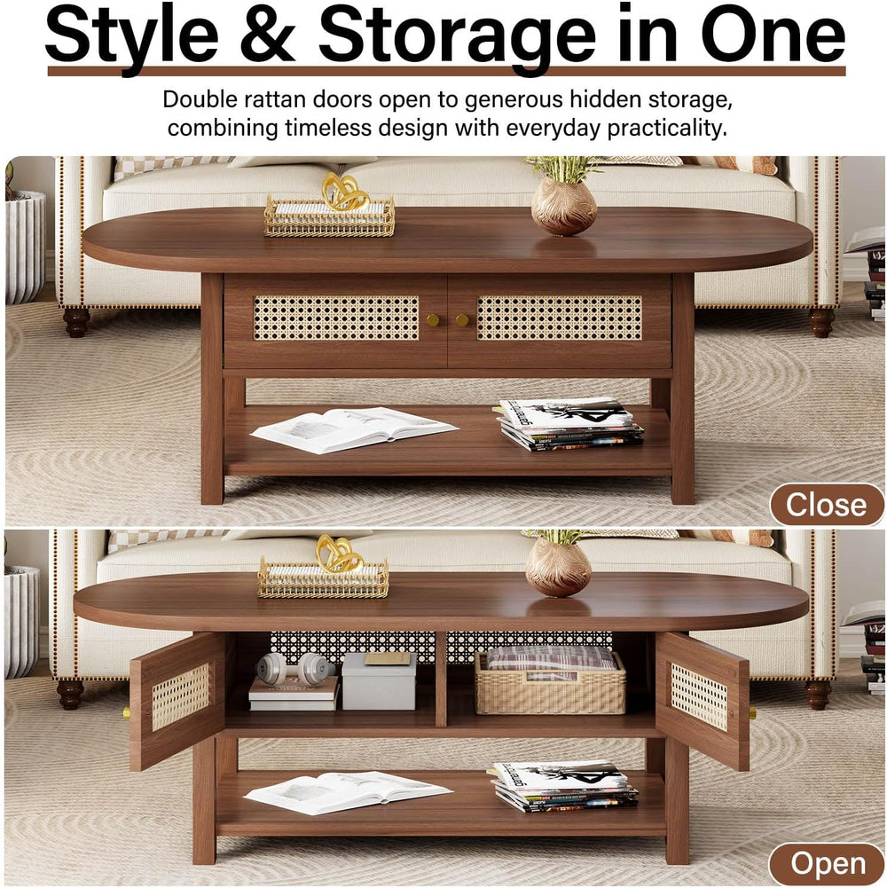 LVB Oval Coffee Table, 47" Rattan Boho Wood Living Room Table with Storage