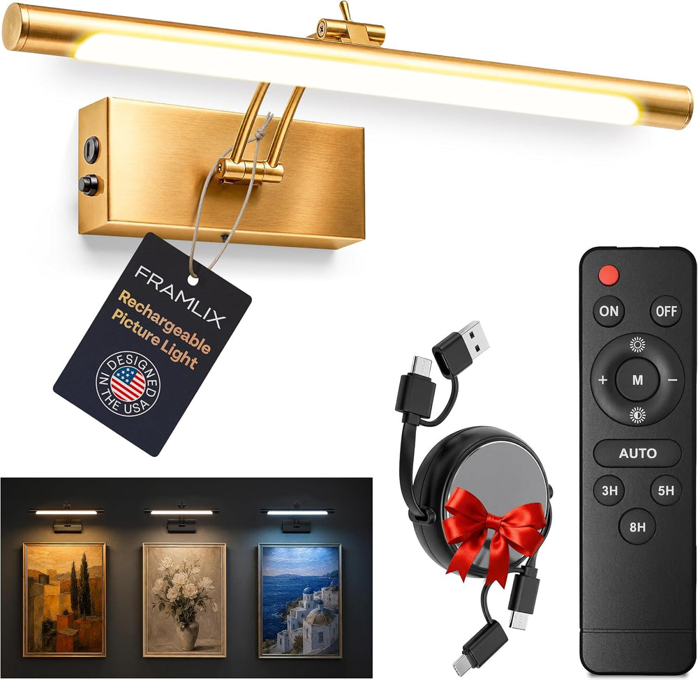 Picture Light for Wall, Rechargeable LED Art Light, Remote, Gold