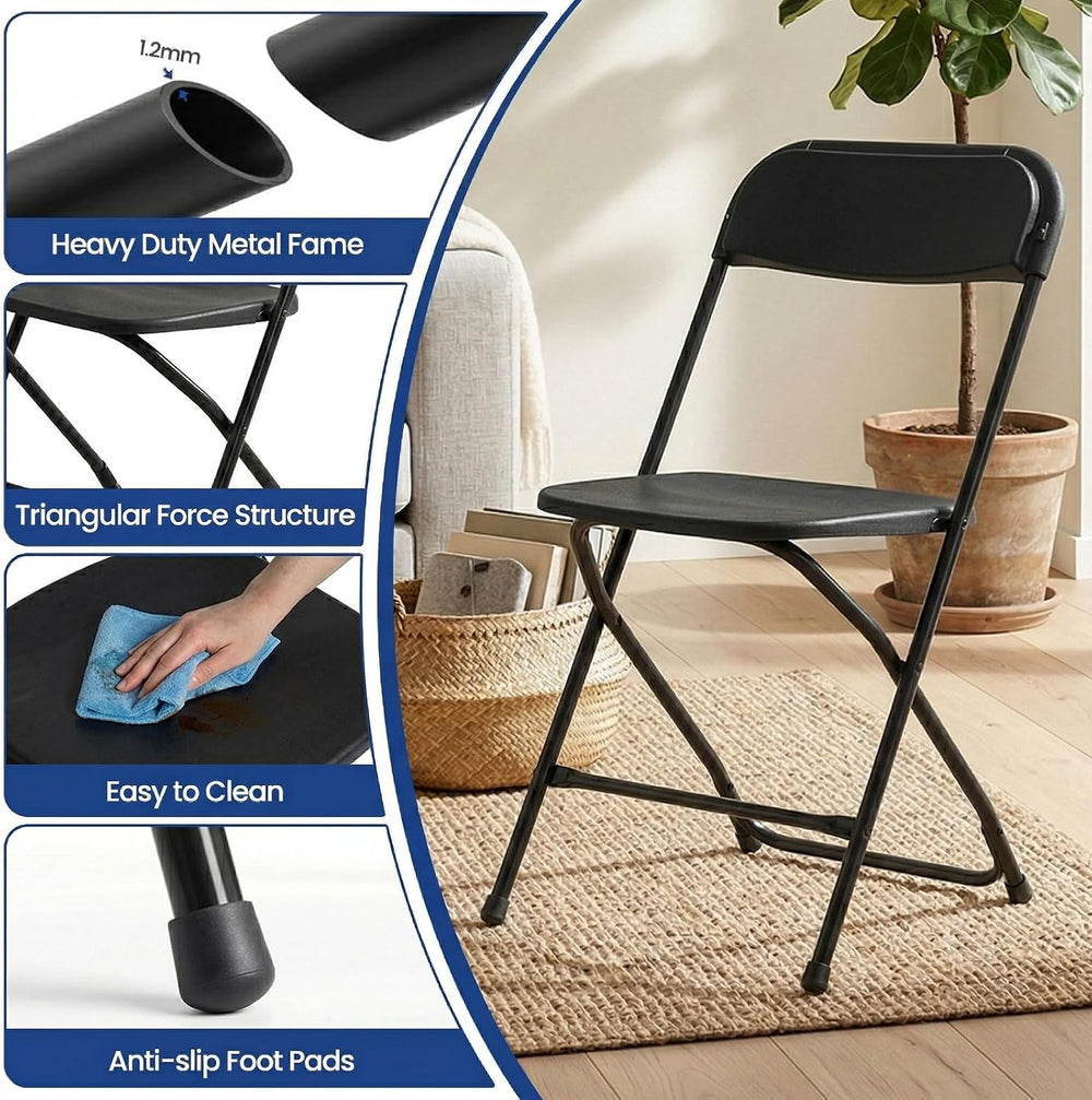 Black Folding Chairs Plastic Foldable Party Chairs 6 Pack