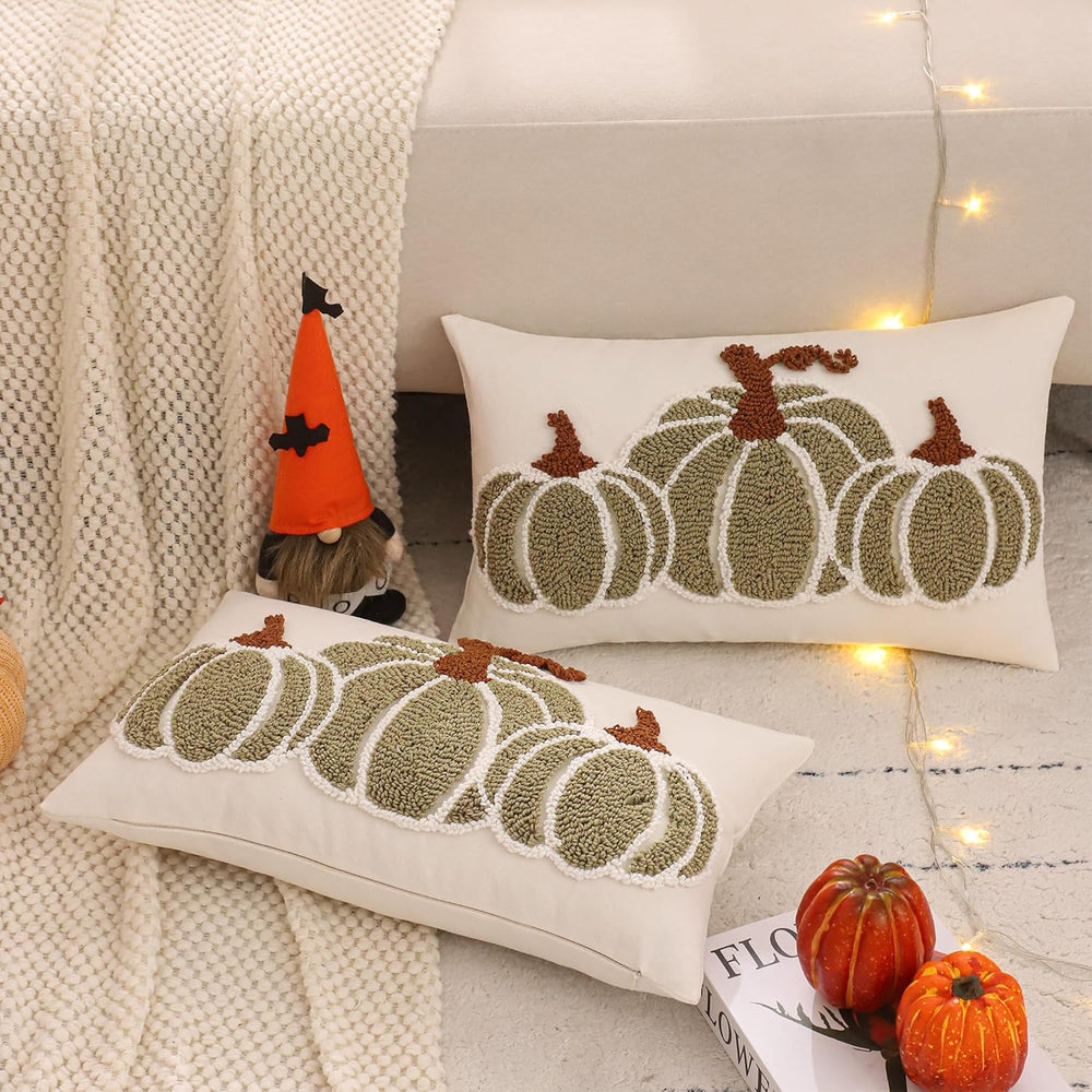 Fall Pillow Covers 12x20 Set of 2 Halloween Decor Green Pumpkin
