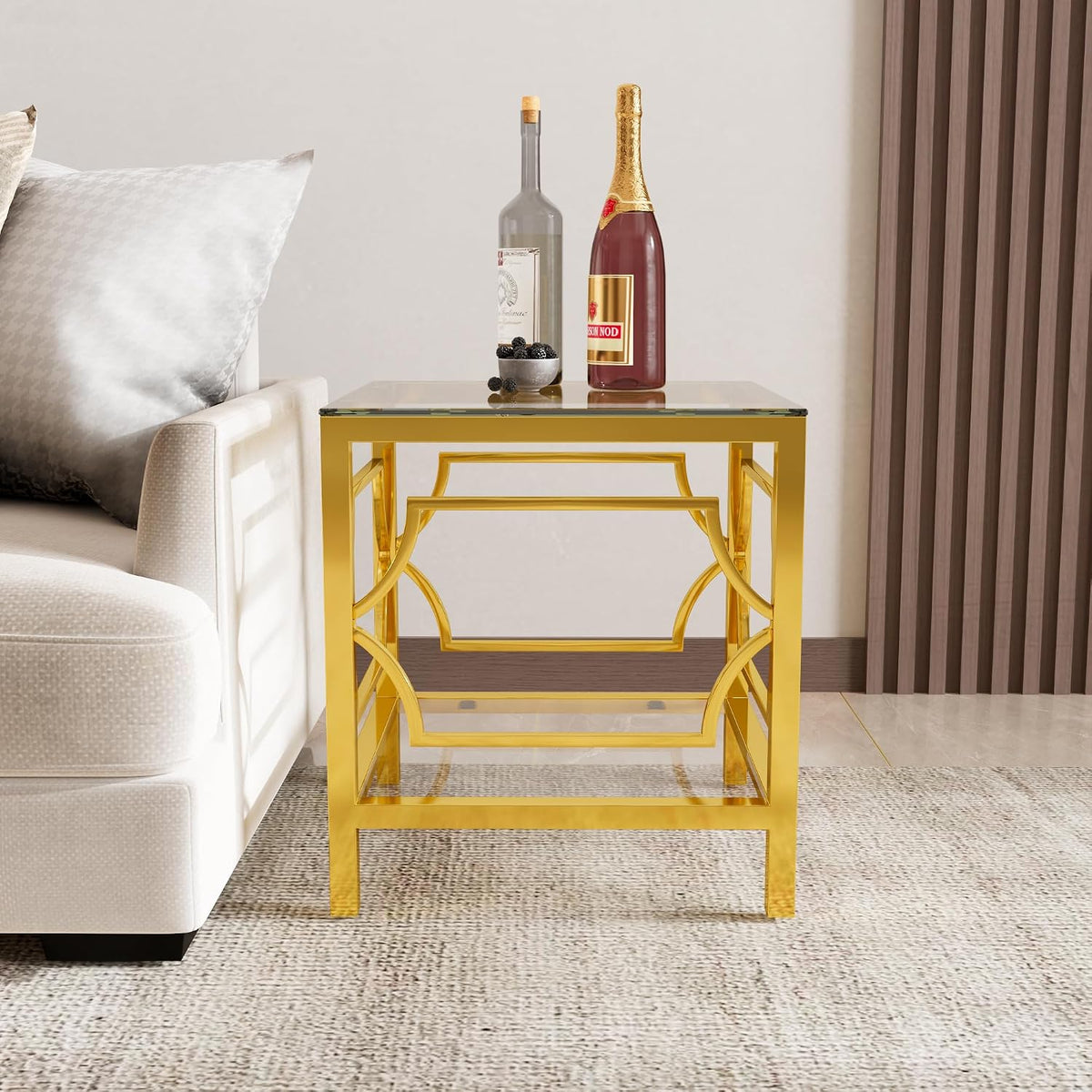 19.7" Modern Square Side Table with Tempered Glass Top & Storage Shelf, Luxury Glam End Table with Metal Frame for Living Room, Bedroom, Sofa Side, Small Space Accent Table