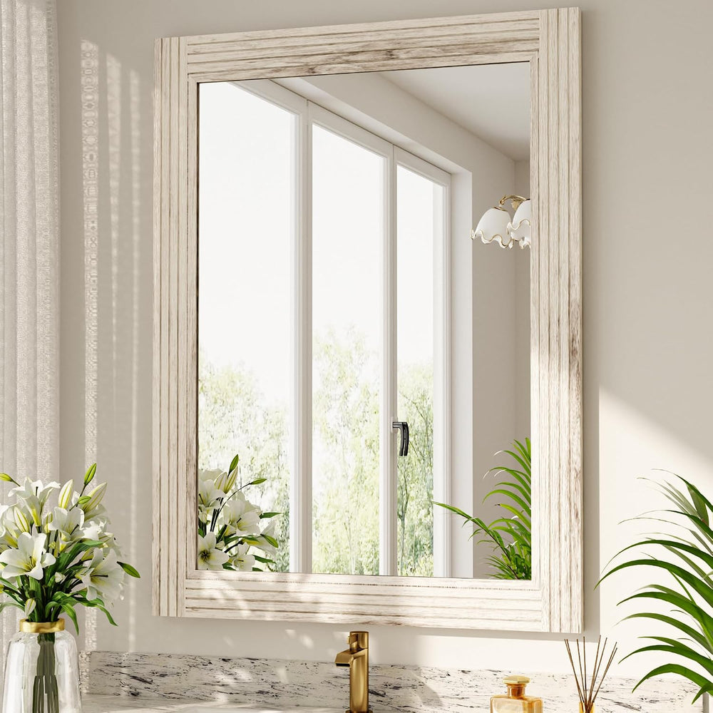 40"x30" Wood Framed Rectangle Farmhouse Rustic Wall Mirror, White