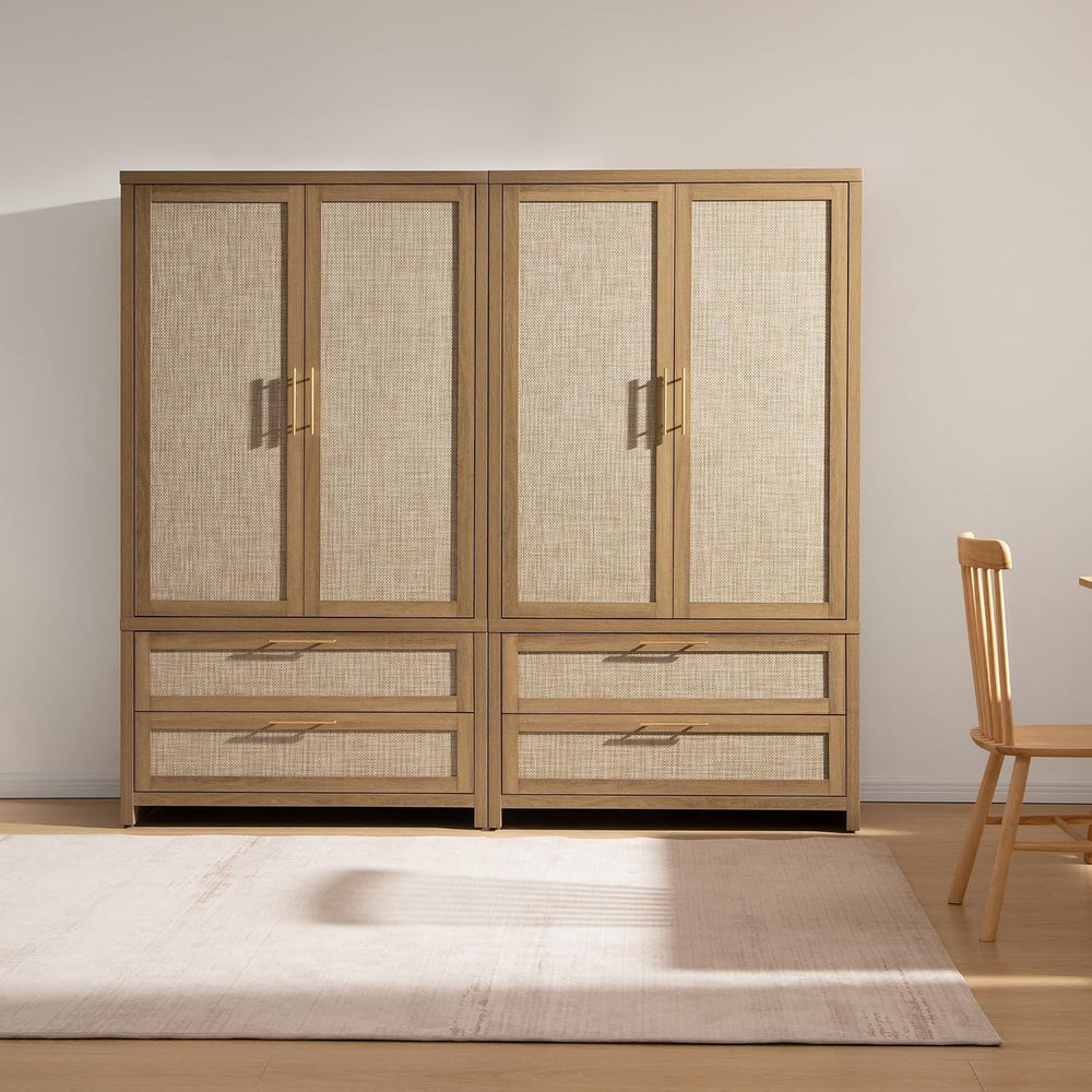 SICOTAS Rattan Armoire Wardrobe Closet, 71 inch Boho Wardrobe with Drawers
