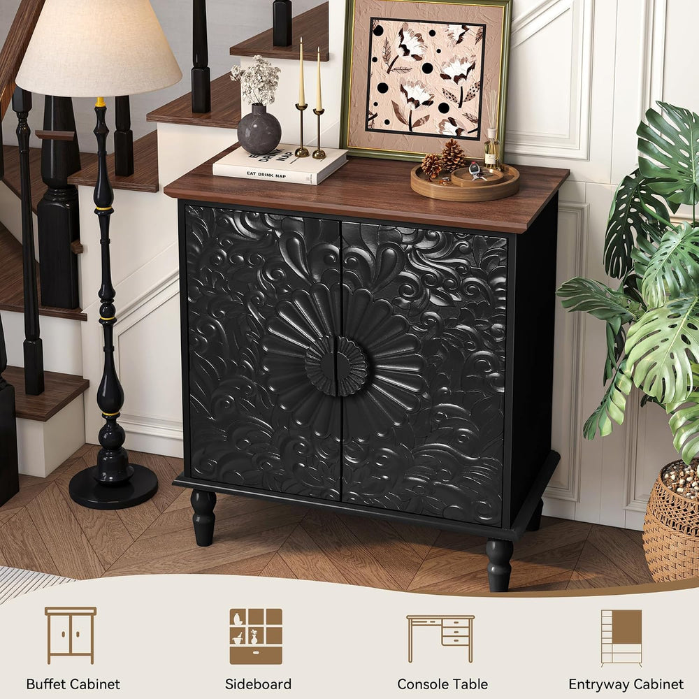 Black Sideboard Buffet Cabinet with 2 Embossed Flowers Doors