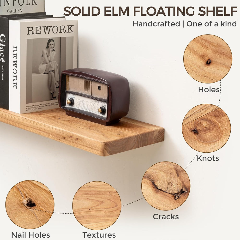 Fun Memories 36 Inch Floating Shelves for Wall, Solid Elm Wood Wall Shelf for...