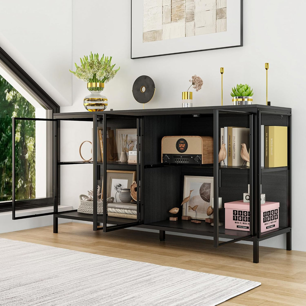 Homsee Storage Cabinet with 3-Color LED Lights, Glass Shelves & 4 Compartments, Sideboard Buffet with Solid Metal Legs, Modern Display Cabinet for Living Room Dining Room, Black