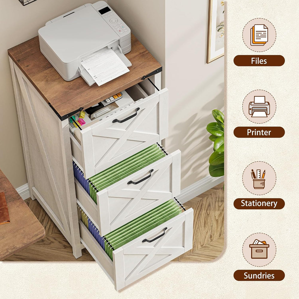 Vabches Farmhouse 3 Drawers Tall File Cabinet for Home Office, Rustic White