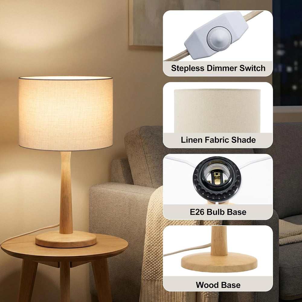 16.3” Natural Wood Table Lamp with Linen Drum Shade, E26 Base, Beige