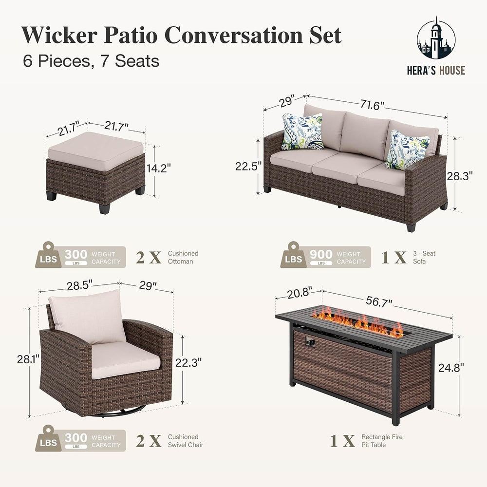 HERA'S HOUSE Swivel Glide Patio Furniture Set with Fire Pit Table Wicker