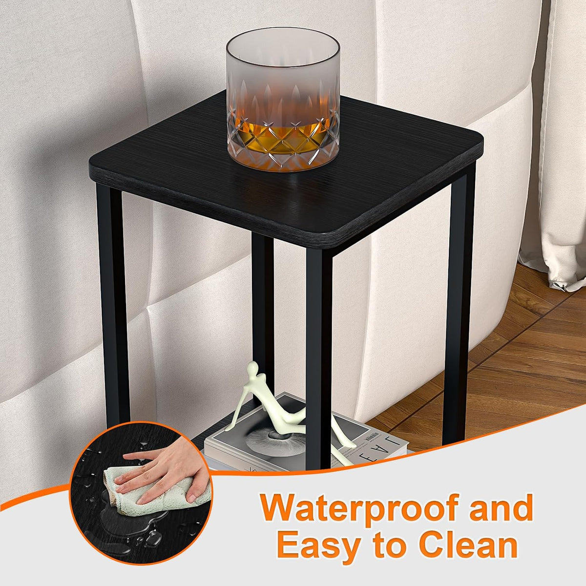 10" Wide Square Drink Table with Adjustable Feet - 3-Tier Small Side Table for Apartments, Balcony & Office | Space-Saving, Lightweight & Multi-Functional (Plants, Books, Drinks,Black)
