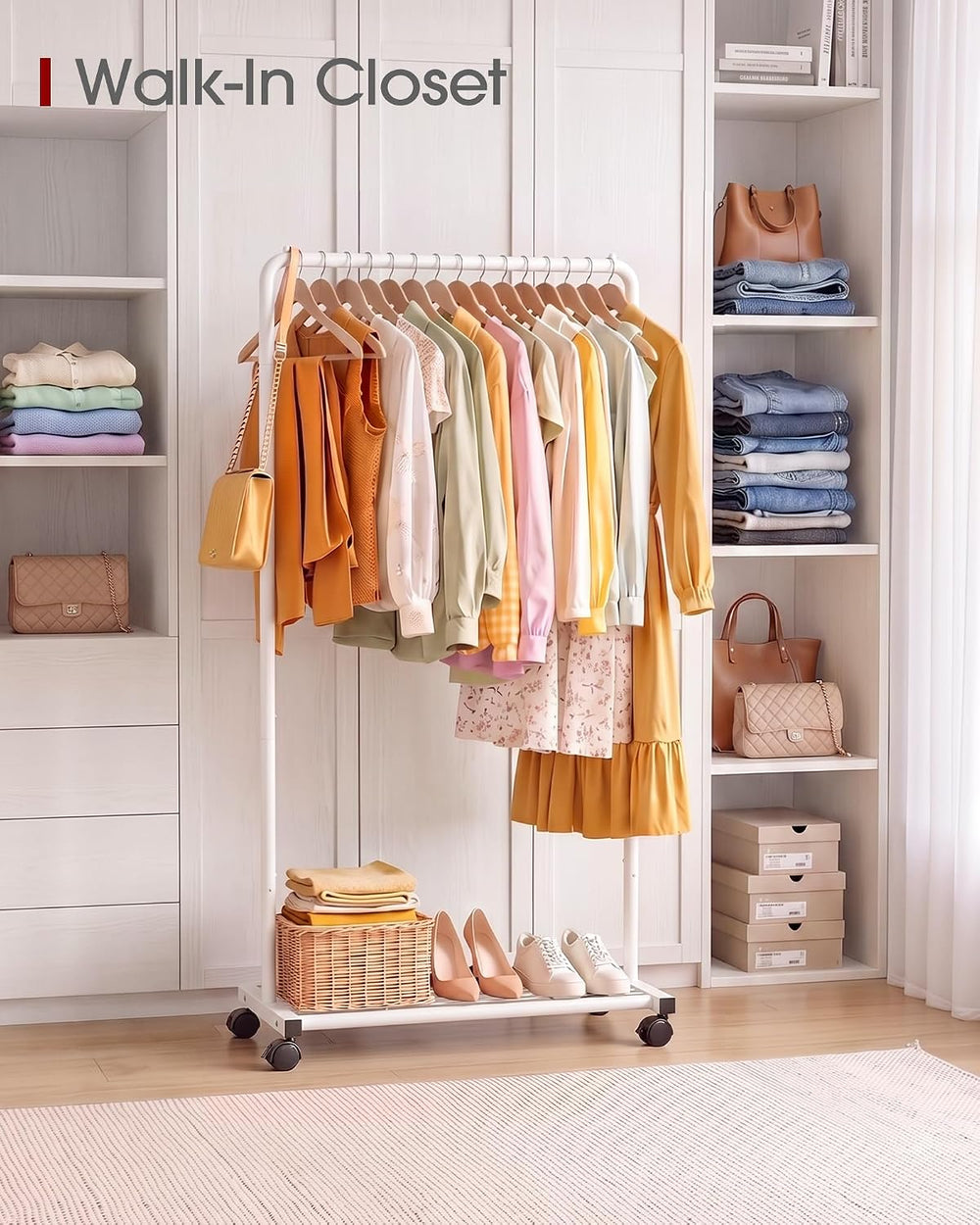 Sakugi Clothes Rack - Clothing Rack with Storage Mesh Shelf & Casters, He...