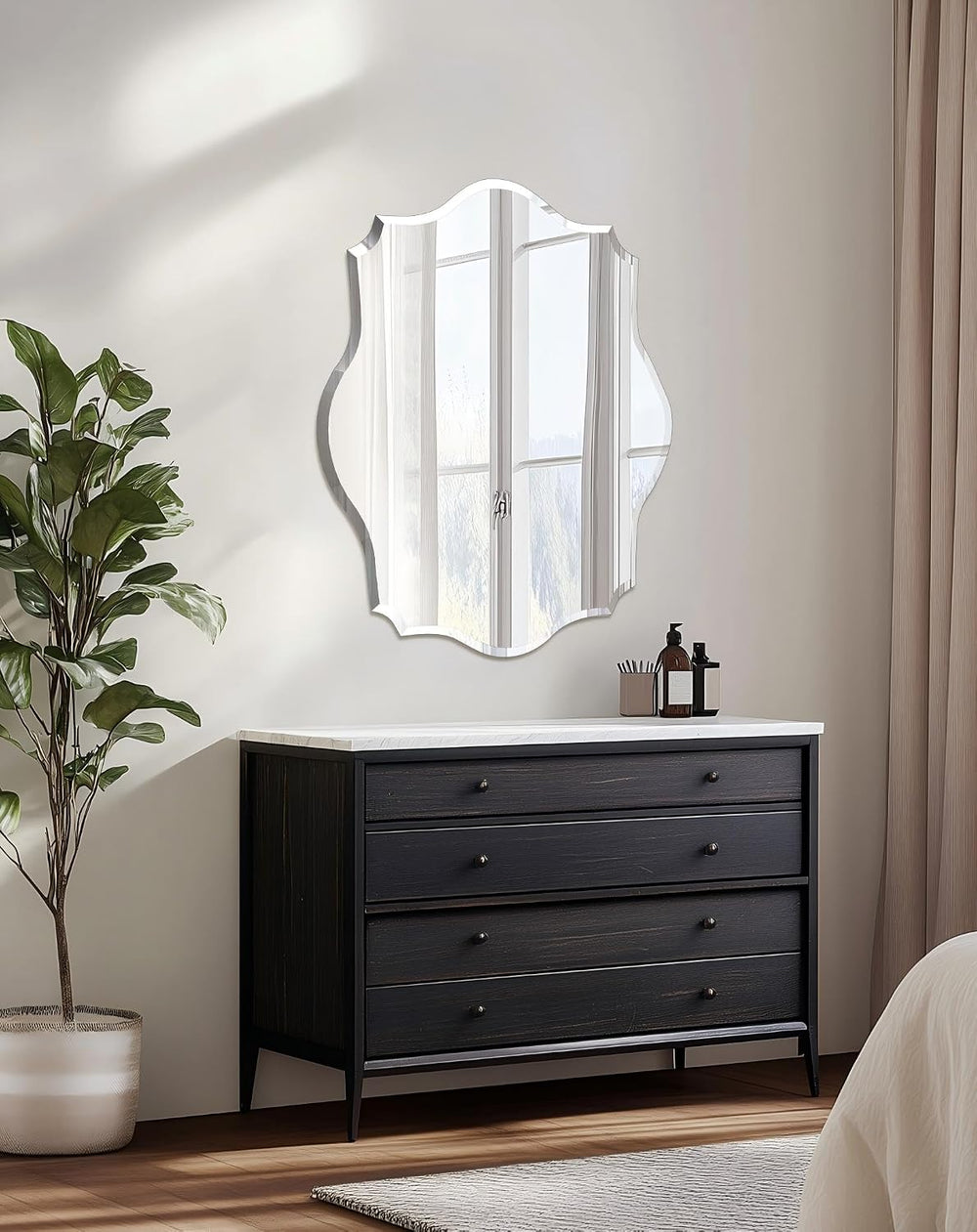 Frameless Scalloped Wall Mirror: Modern Glass Mirror 27.6x19.7 inch