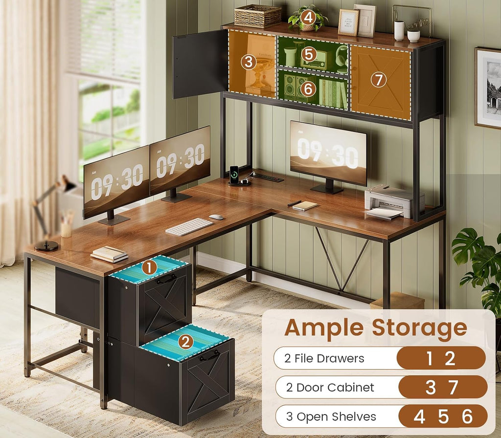 SEDETA Reversible Farmhouse L Shaped Office Desk with Drawer, Hutch