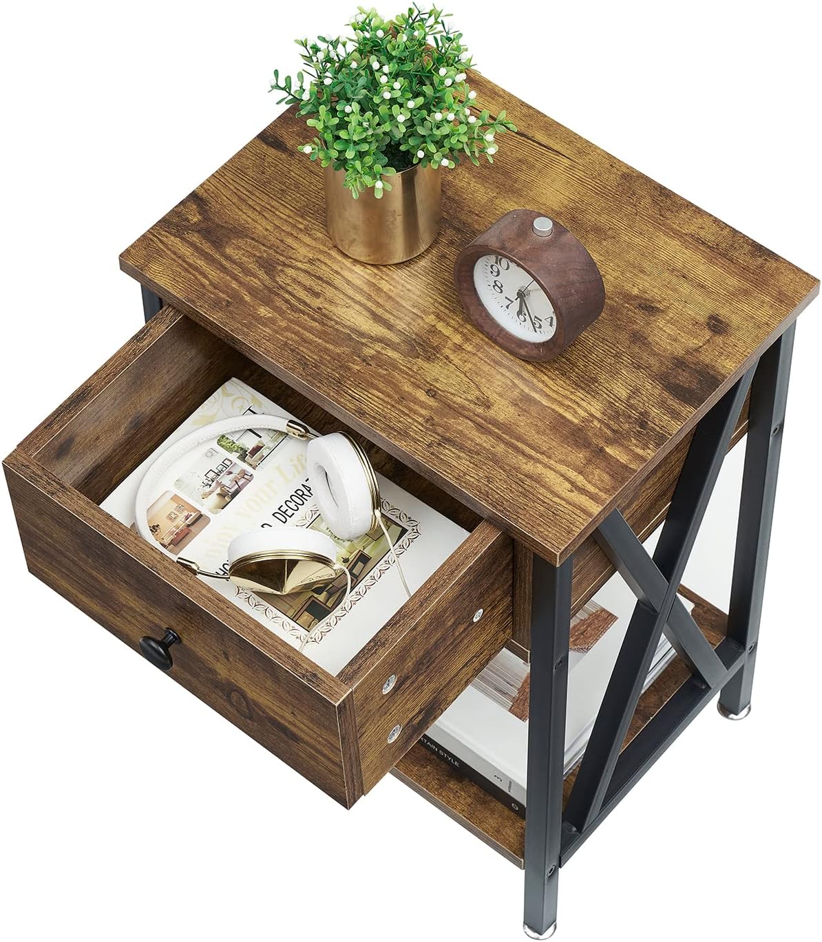 VECELO Nightstand,Modern Bedside End Table, Night Stand with Drawer and Storage Shelf for Living Room Bedroom, Industrial Metal Frame