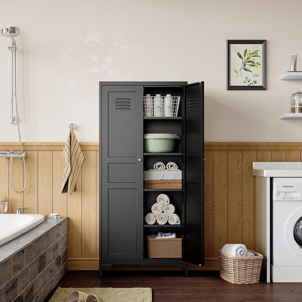 Black Kitchen Pantry Storage Cabinet,Pantry Cabinets with Doors and Adjustable Shelves,Metal Cabinet with Feets for Kitchen,Pantry,Dinning Room,Bathroom,Living Room,Cupboard(Black)