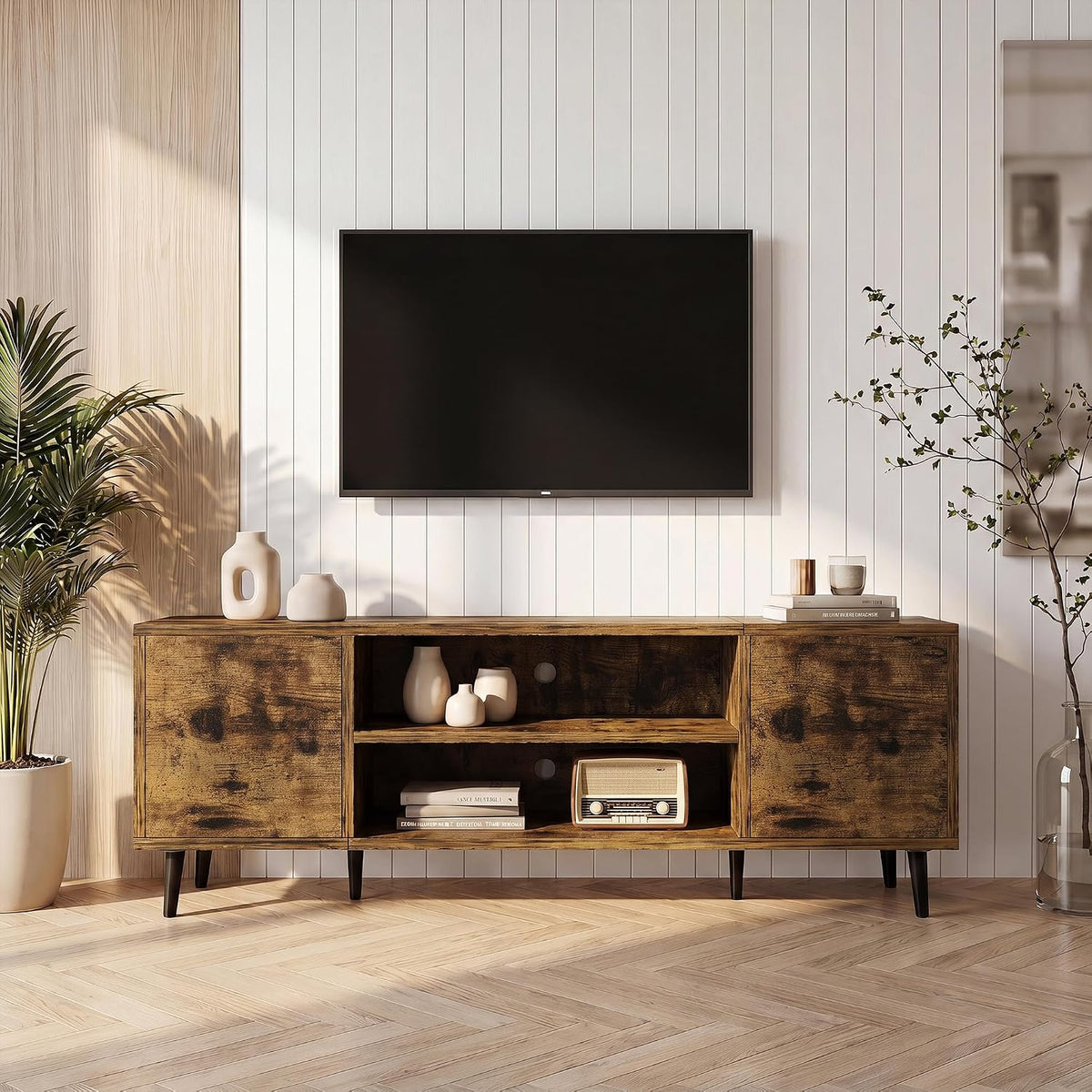 JUMMICO Mid-Century Modern TV Stand with Storage, 50 Inch, Rustic Brown