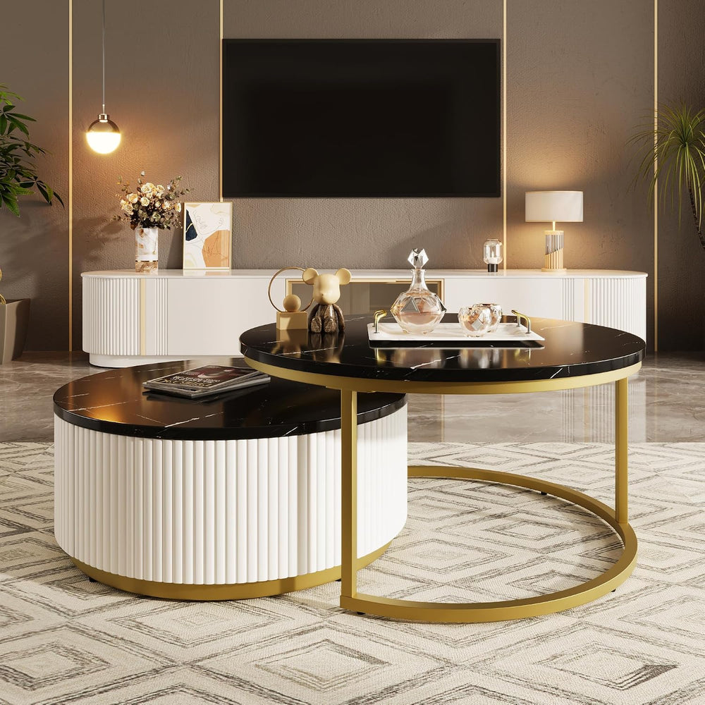 Modern Round Nesting Coffee Table Fluted with Drawer in Black & Gold in 3...