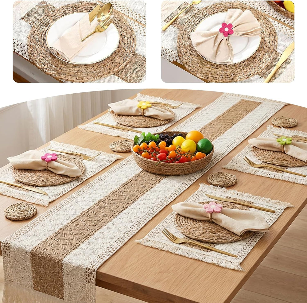 Boho Placemats Set of 6, 32-Piece Table Decor, Farmhouse Rustic Style