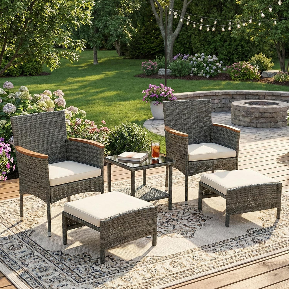 5 PCS Outdoor Patio Furniture Set with Table&Ottoman Outdoor Furniture Pa...