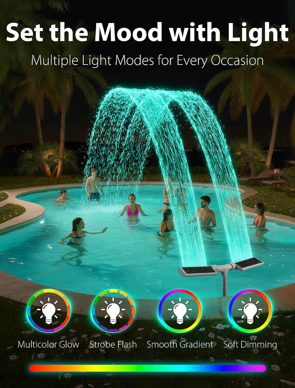 Solar Pool Fountain with Lights for Above & Inground Pools, White