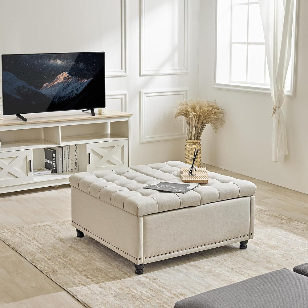 Redlife 35 Inch Large Square Storage Ottoman, Coffee Table Ottoman, Linen