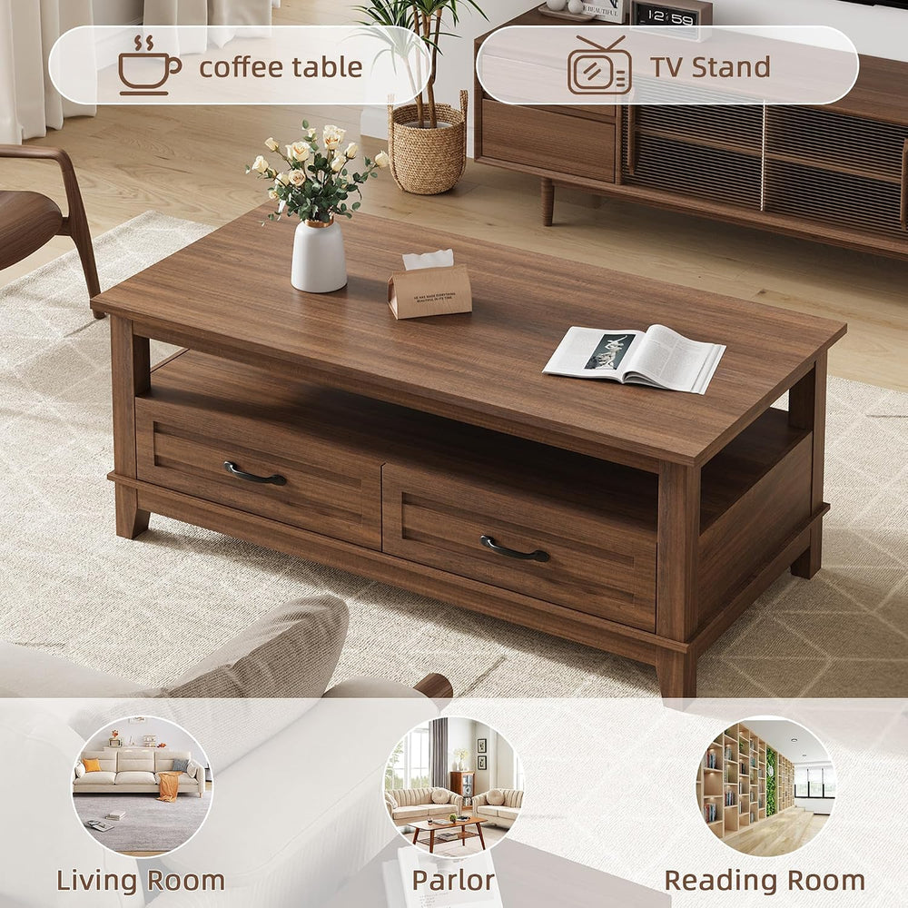 47 Inch Farmhouse Coffee Table, Rustic Wood Center Table with 2 Storage Drawe...