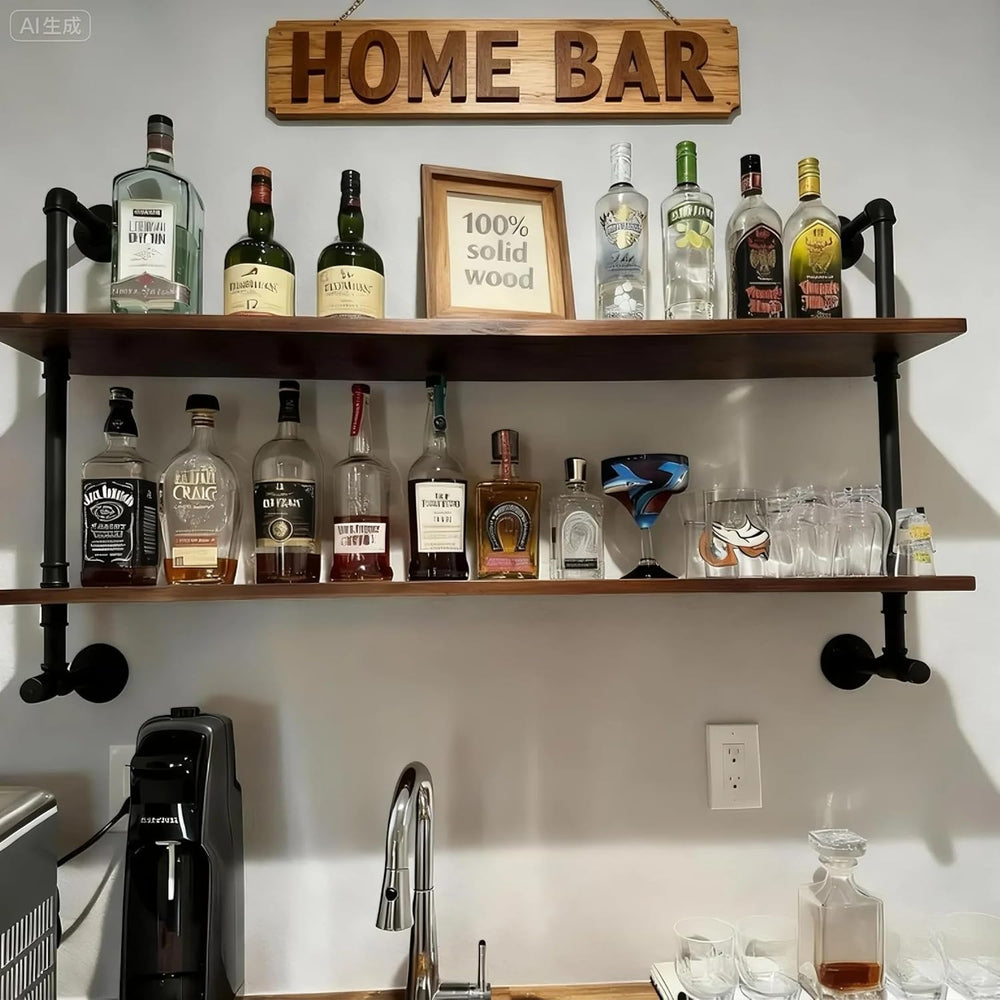 ROGMARS Industrial Pipe Solid Wooden Floating Book Shelves