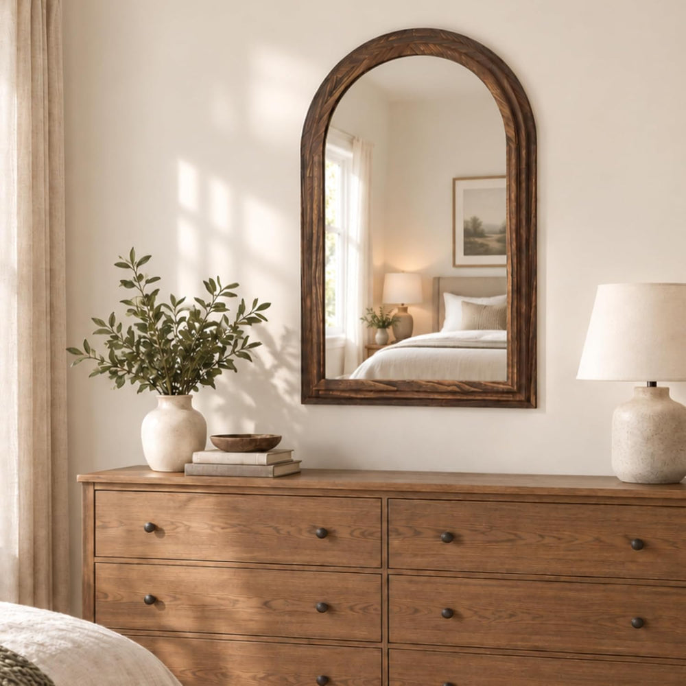 Perfnique Arched Bathroom Mirror, 36"x24" Solid Wood Frame Vanity M...