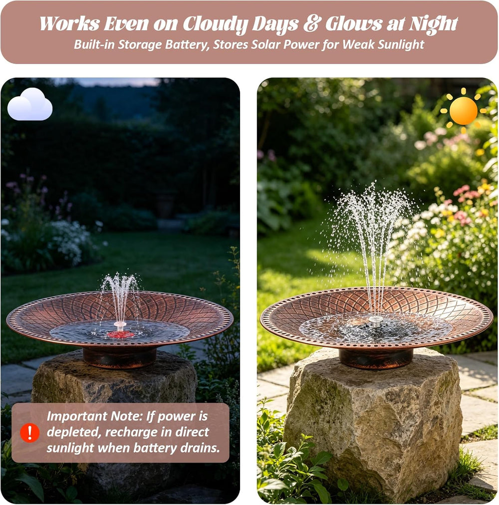 19.6" Large Bird Bath with Solar Fountain, LED & Battery Metal Birdbath