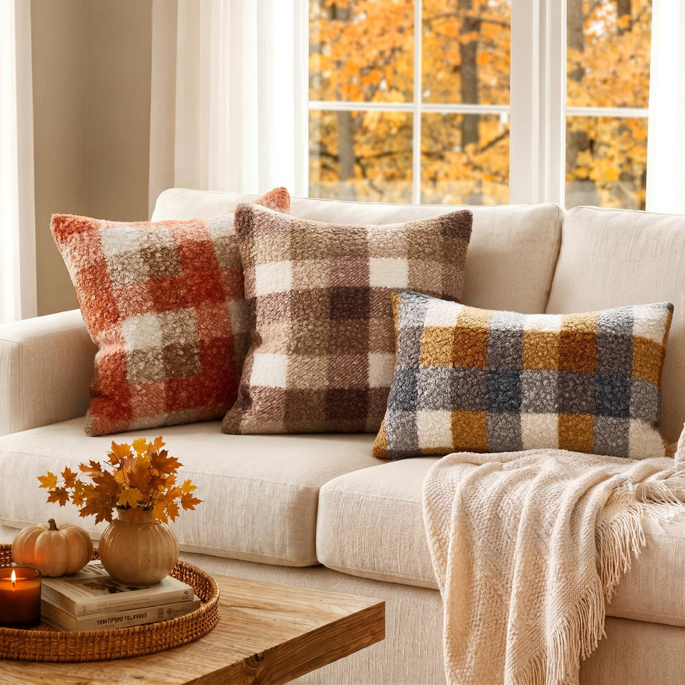 MIULEE Fall Plaid Pillow Covers Boucle Orange 24x24 Set of 2 Euro