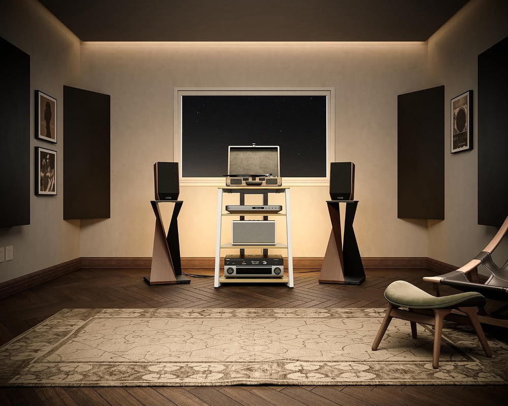 FITUEYES 4-Tier Media Stand with LED Backlight Integrated Power,White Oak